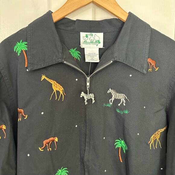 The Quacker Factory Jacket Womens L Black Zebra Giraffe Monkey Safari Palm Trees - Picture 2 of 9